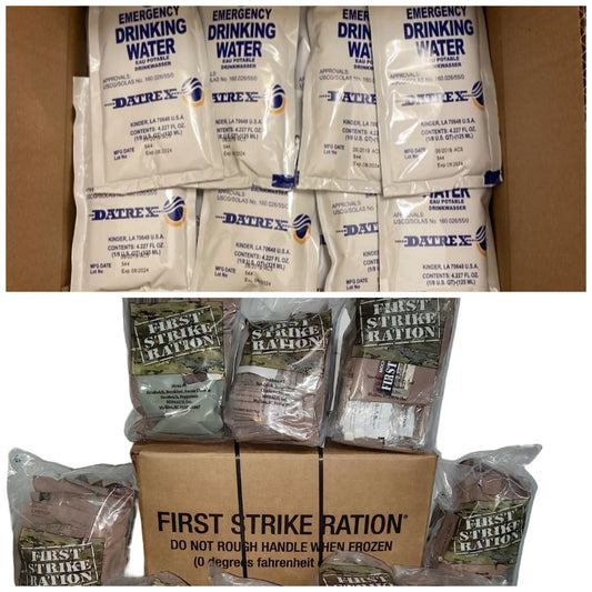 BUNDLE First Strike Ration MRE(Case of 9)/Datrex Purified Emergency Water Rations(32 CT)