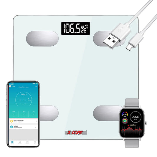 5 Core Bathroom Scale for Body Weight Smart Rechargeable Digital Weighing Machine Body Composition Monitor Health Analyzer with Smartphone App 400 Lbs -BBS HL R WH